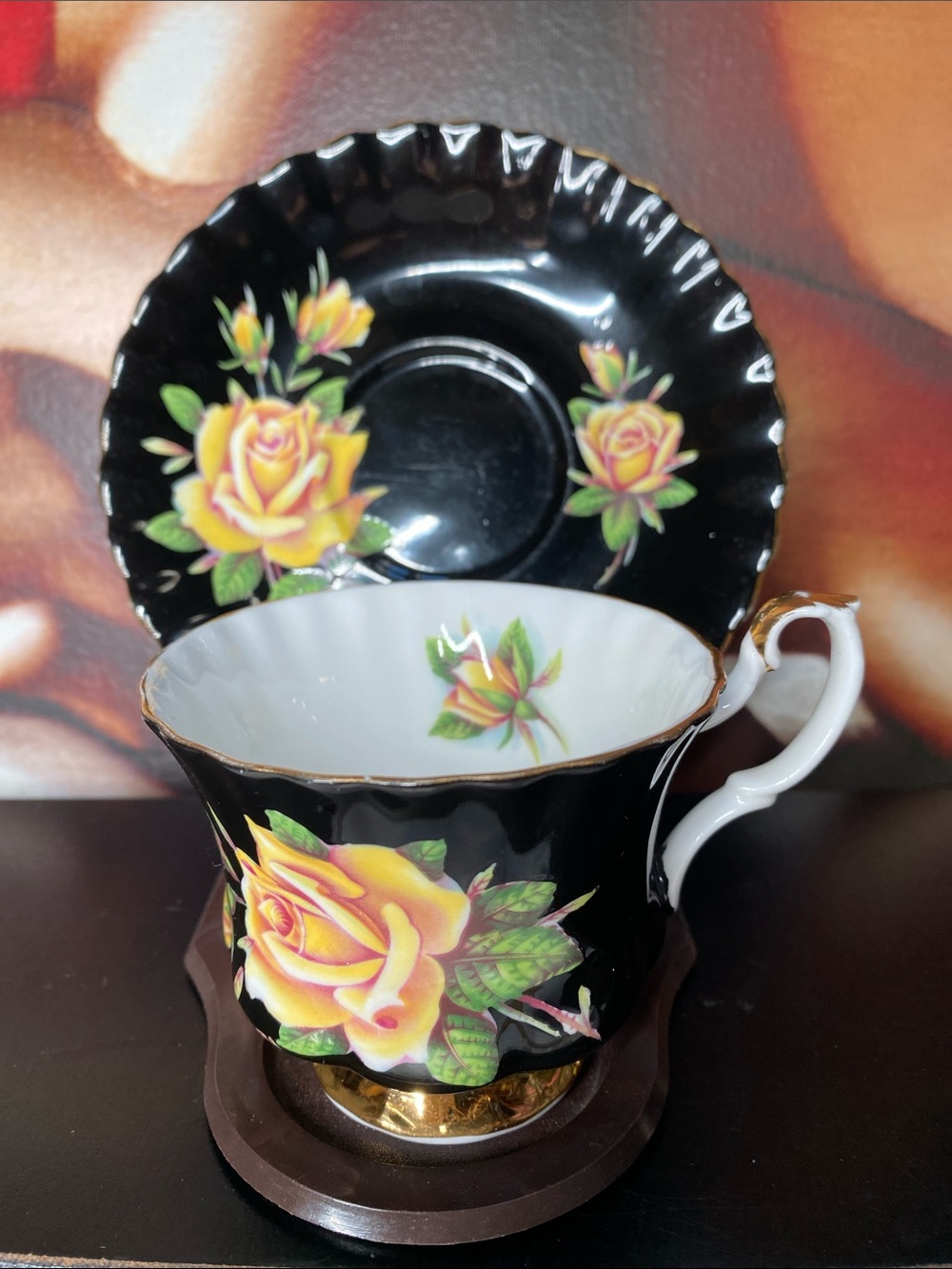 Black Royal Albert Teacup and Saucer Duo with Stunning Contrasting Yellow Roses